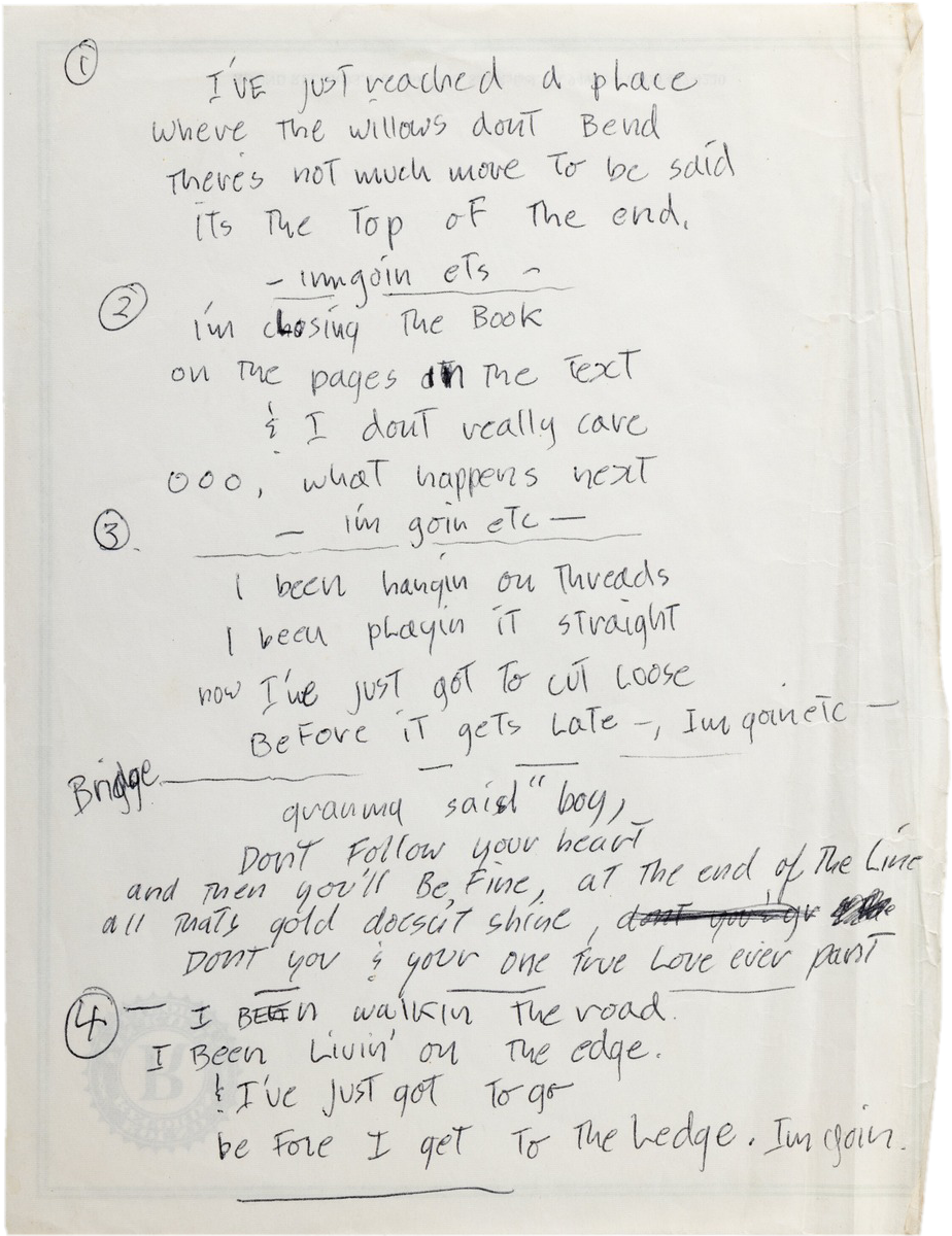 Lyrics to 'Going, Going, Gone' as (hand-)written and sung by Jerry Garcia.